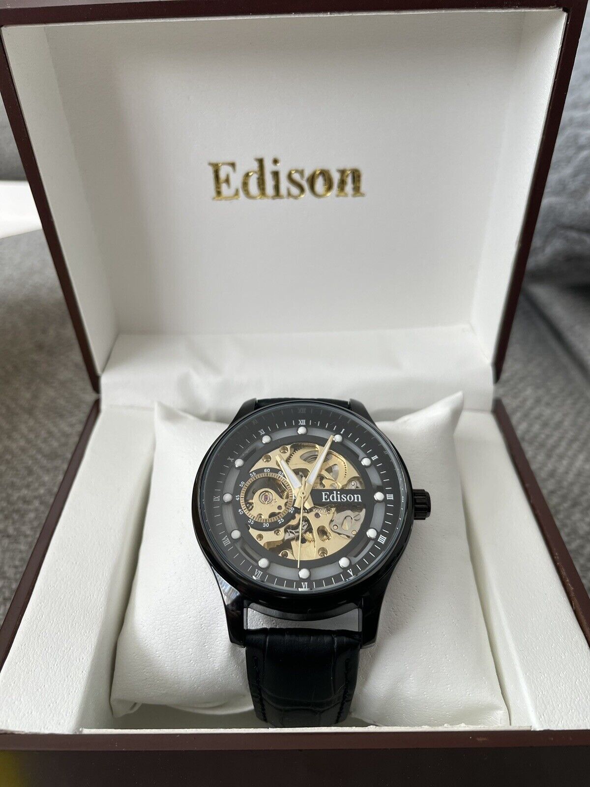 Edison Automatic Skeleton Men's Watch With Black Leather Strap & Box - Westies Watches