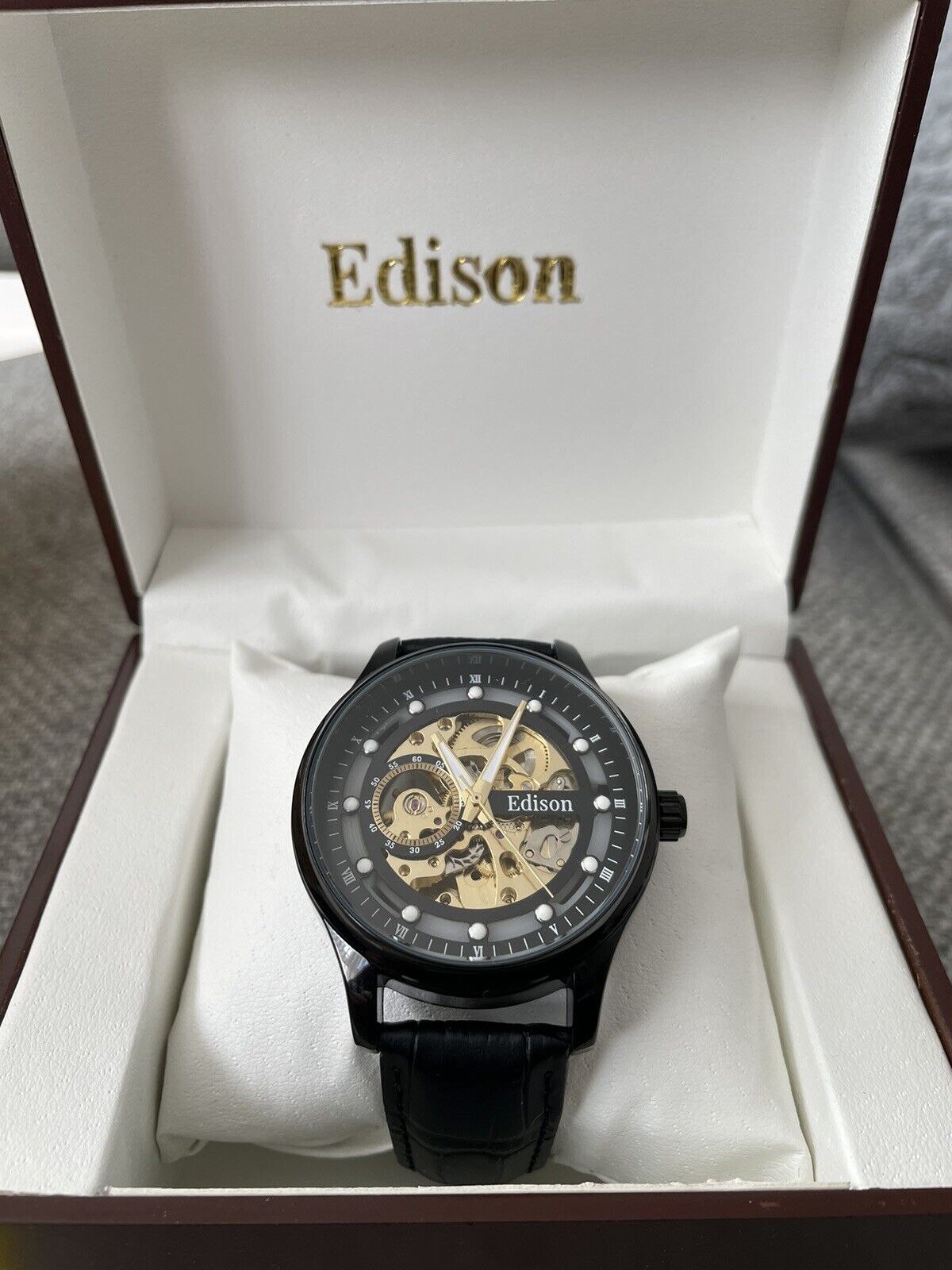 Edison Automatic Skeleton Men's Watch With Black Leather Strap & Box - Westies Watches