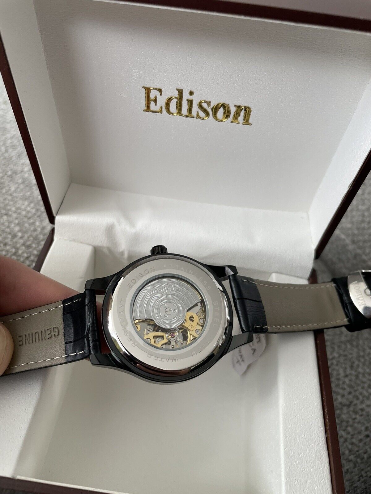 Edison Automatic Skeleton Men s Watch With Black Leather Strap Box