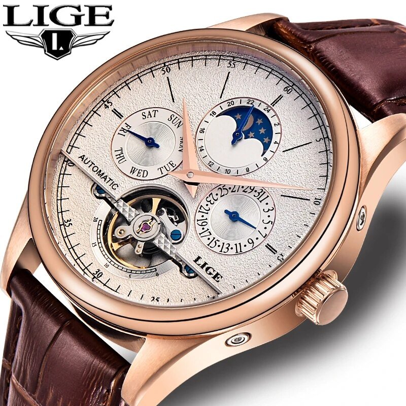 LIGE Men's Automatic Tourbillon Watch with open heart design - Westies Watches