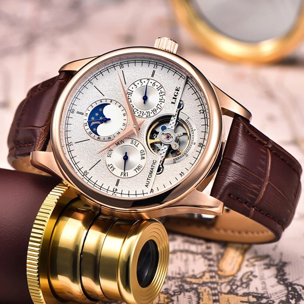 LIGE Men's Automatic Tourbillon Watch with open heart design - Westies Watches