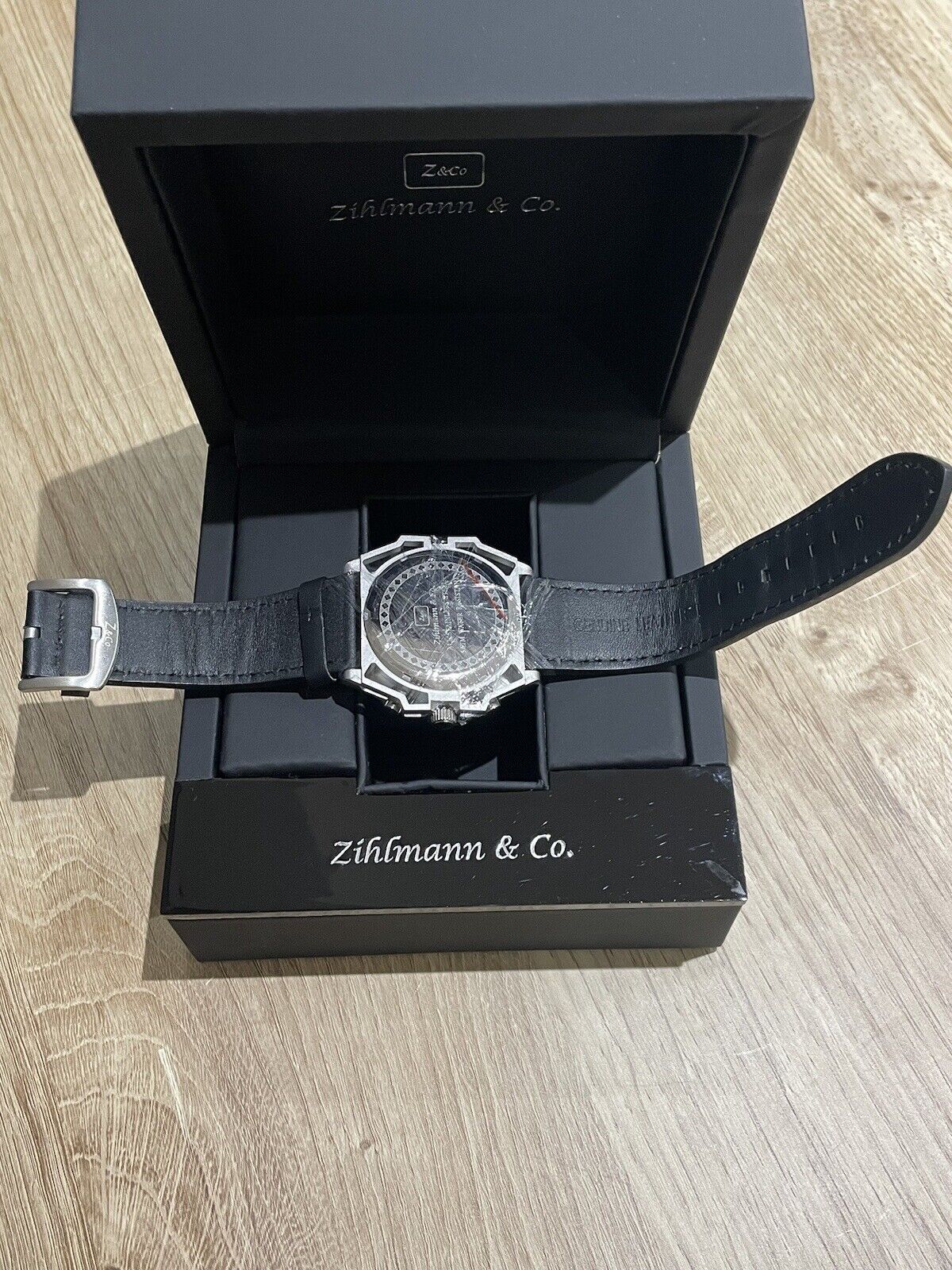 MENS ZIHLMANN & CO CHRONOGRAPH WATCH BLACK DIAL LEATHER STRAP MODEL ZC100 - Westies Watches