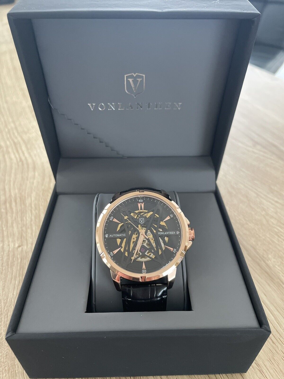 Vonlanthen Men's Automatic Watch With Exhibition Back Black Leather Strap W/163 - Westies Watches