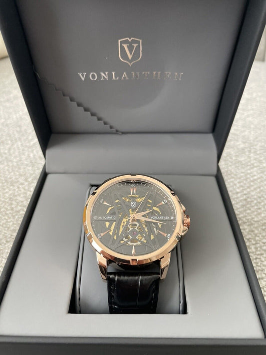 Vonlanthen Men's Automatic Watch With Exhibition Back Black Leather Strap W/163 - Westies Watches