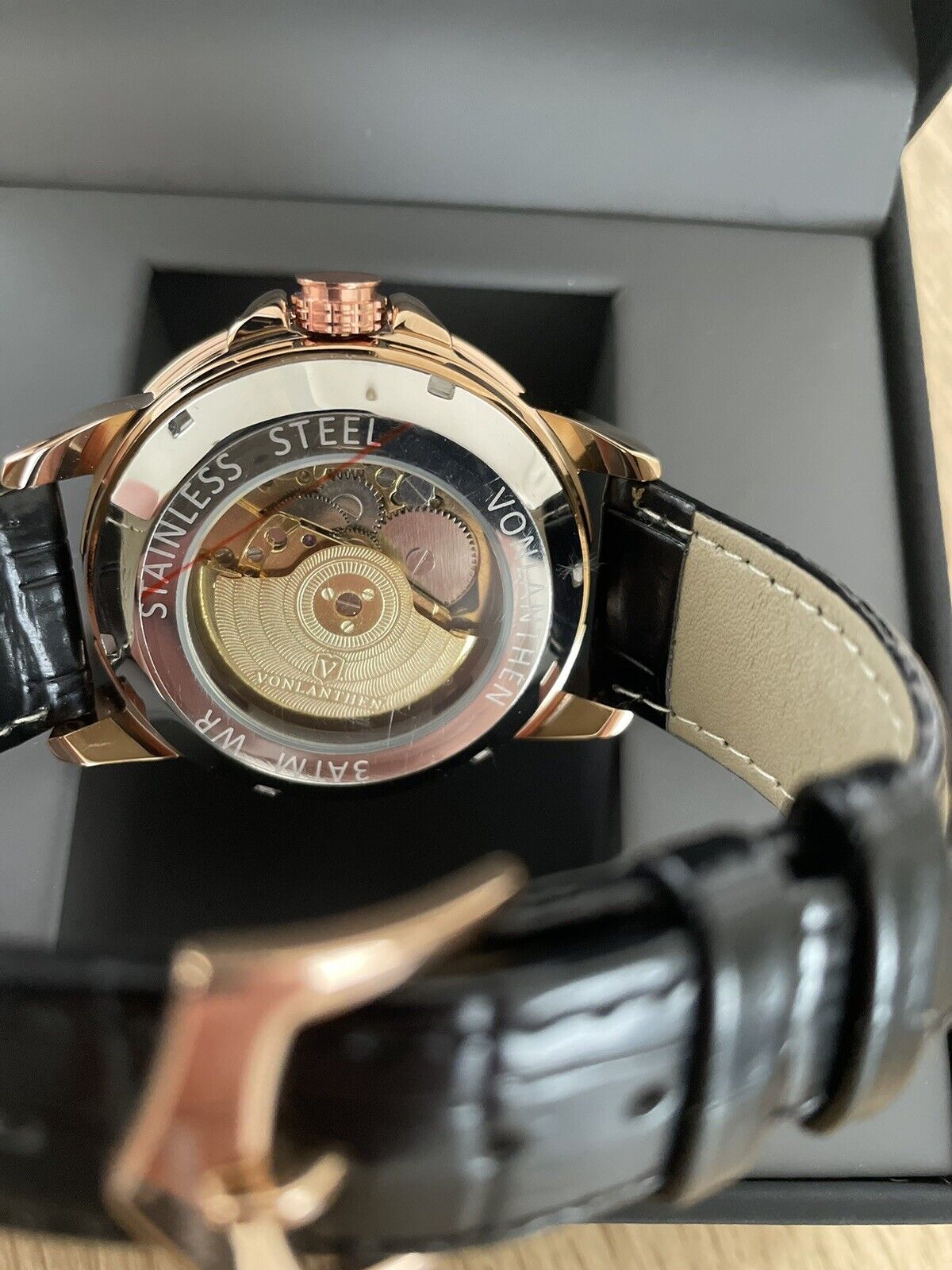 Vonlanthen Men's Automatic Watch With Exhibition Back Black Leather Strap W/163 - Westies Watches